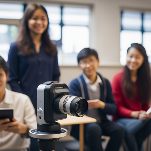 An image of a classroom setting with students using 3D scanners to capture and analyze objects