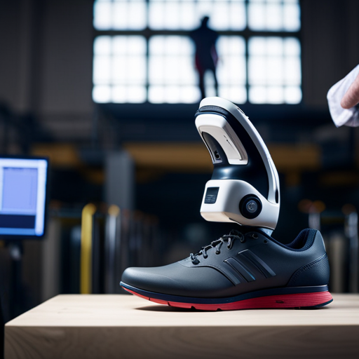 An image of a 3D scanner capturing the precise measurements of a person's foot, with the process of custom footwear production in the background, showcasing the technology and craftsmanship involved