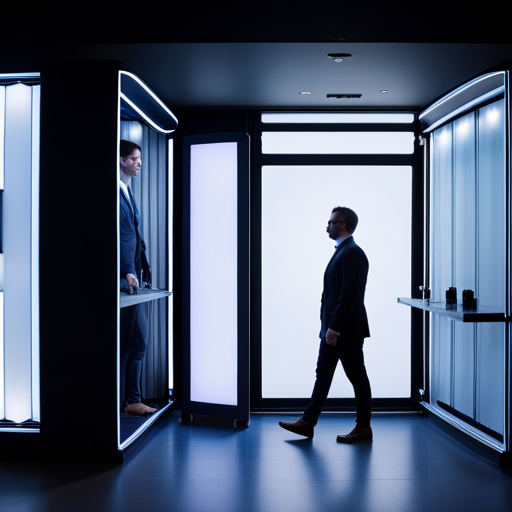 An image of a person standing in a 3D scanning booth, wearing a custom-tailored outfit