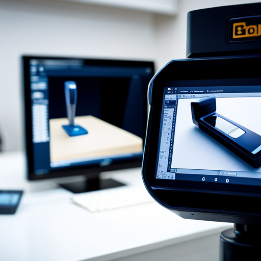 An image of a 3D scanner capturing the intricate details of a product packaging design, with the scanning process in action and the resulting digital model displayed on a computer screen
