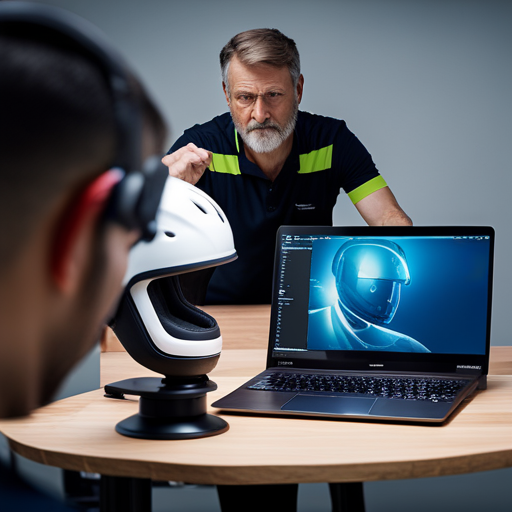 An image of a 3D scanner capturing the detailed contours of a sports helmet or shoe, with a technician operating the equipment and a computer screen displaying the digital rendering