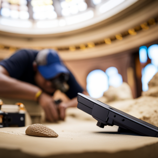An image of a 3D scanner capturing the intricate details of an ancient artifact, with an archaeologist carefully overseeing the process in a dig site or museum setting
