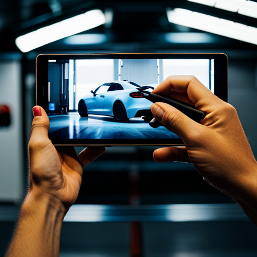 An image of a car being scanned by a 3D scanner in a custom automotive shop