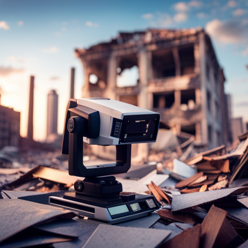 An image that depicts a 3D scanner capturing the details of a damaged building in the aftermath of a natural disaster