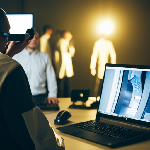 An image of a 3D scanner capturing detailed images of a crime scene, with forensic scientists analyzing the data on computer screens in the background