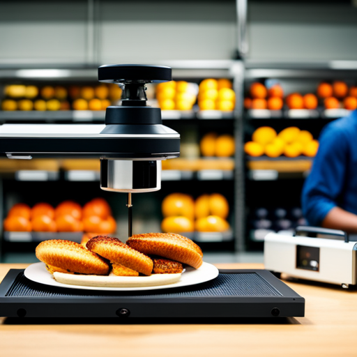 an image of a 3D scanner in a food production facility, scanning a variety of food items such as fruits, vegetables, and baked goods to showcase the innovative applications of 3D scanning in the food industry