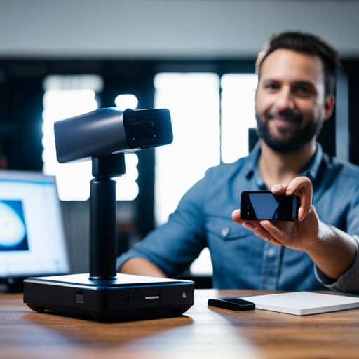 An image of a small business owner using a handheld 3D scanner to capture detailed images of products