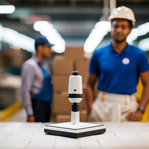 An image of a 3D scanner capturing an object made from sustainable materials, with a background of a transparent supply chain and workers in fair labor conditions