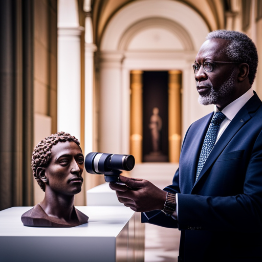 An image of a person using a handheld 3D scanner to capture intricate details of a statue in a museum