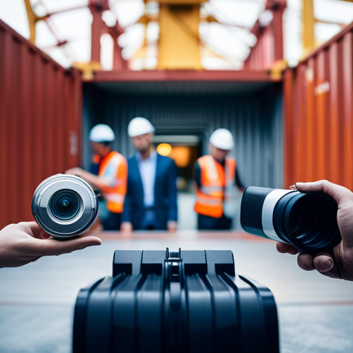 An image of a 3D scanner capturing the precise dimensions of a shipping container in a busy port, with workers using the data to optimize loading and ensure maximum efficiency
