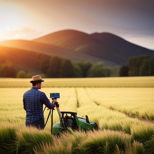 An image of a farmer using a handheld 3D scanner to map the topography of a field, with precision equipment attached to a tractor in the background