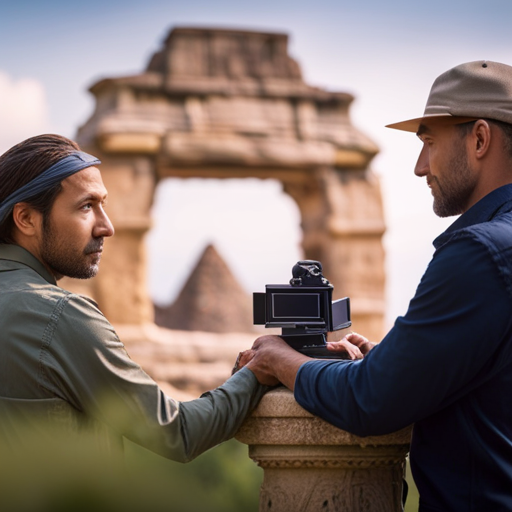 An image of a team of archaeologists using 3D scanners to capture detailed images of ancient artifacts and ruins, with a focus on the technology and precision of the scanning process