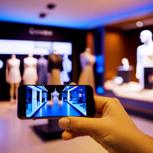 An image of a retail store interior with customers using handheld 3D scanning devices to customize and visualize products in real-time, with futuristic holographic displays