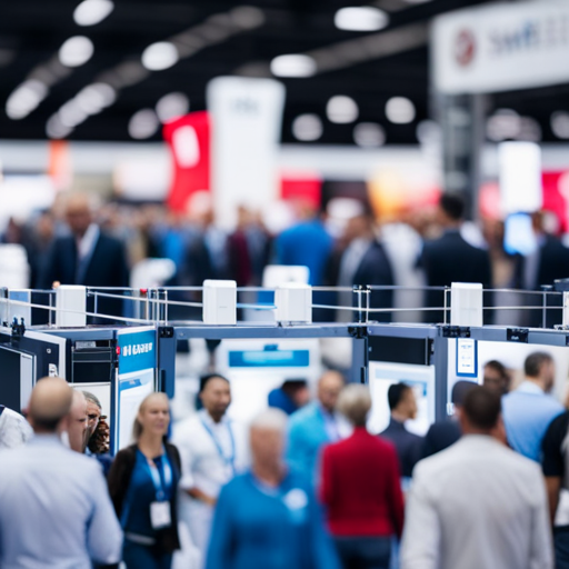 An image of a bustling trade show floor, with vendors showcasing the latest 3D scanning technology