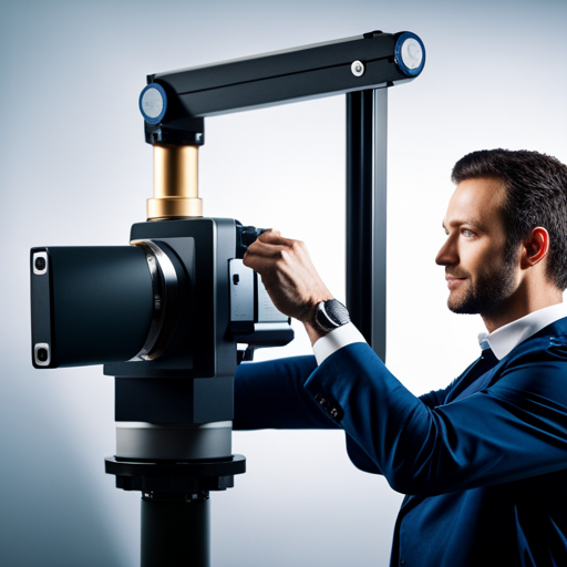 An image of a 3D scanner with a calibration target, showing a technician adjusting and fine-tuning the equipment