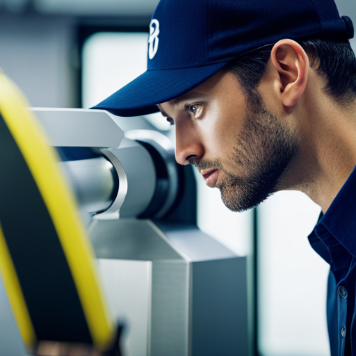 An image of a 3D scanner capturing detailed measurements of a custom-designed part, with a technician overseeing the process in a manufacturing facility