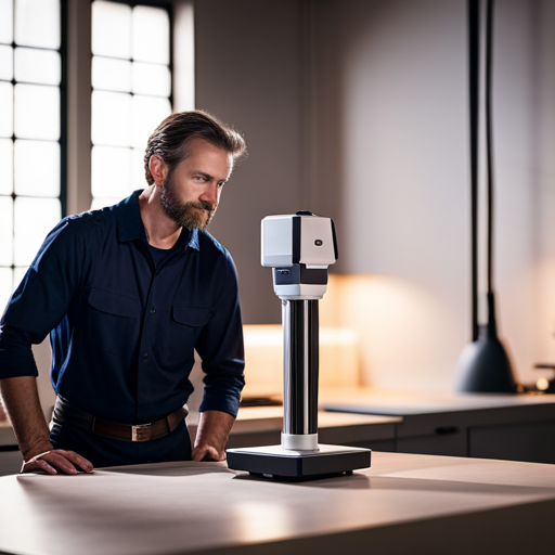 An image of a 3D scanner capturing detailed measurements of a custom home appliance, with a technician using the scanner in a modern, well-lit workshop setting