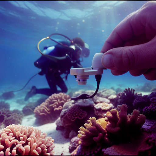 An image of a marine biologist using a 3D scanner to capture detailed images of a coral reef, capturing the intricate shapes and textures of the underwater ecosystem